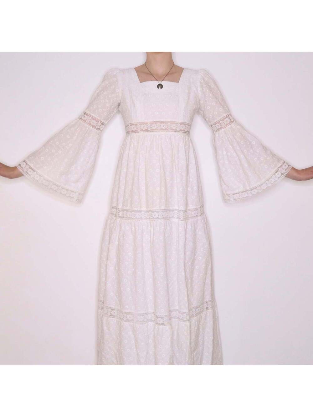 70s Boho White Lace Maxi Dress (S)